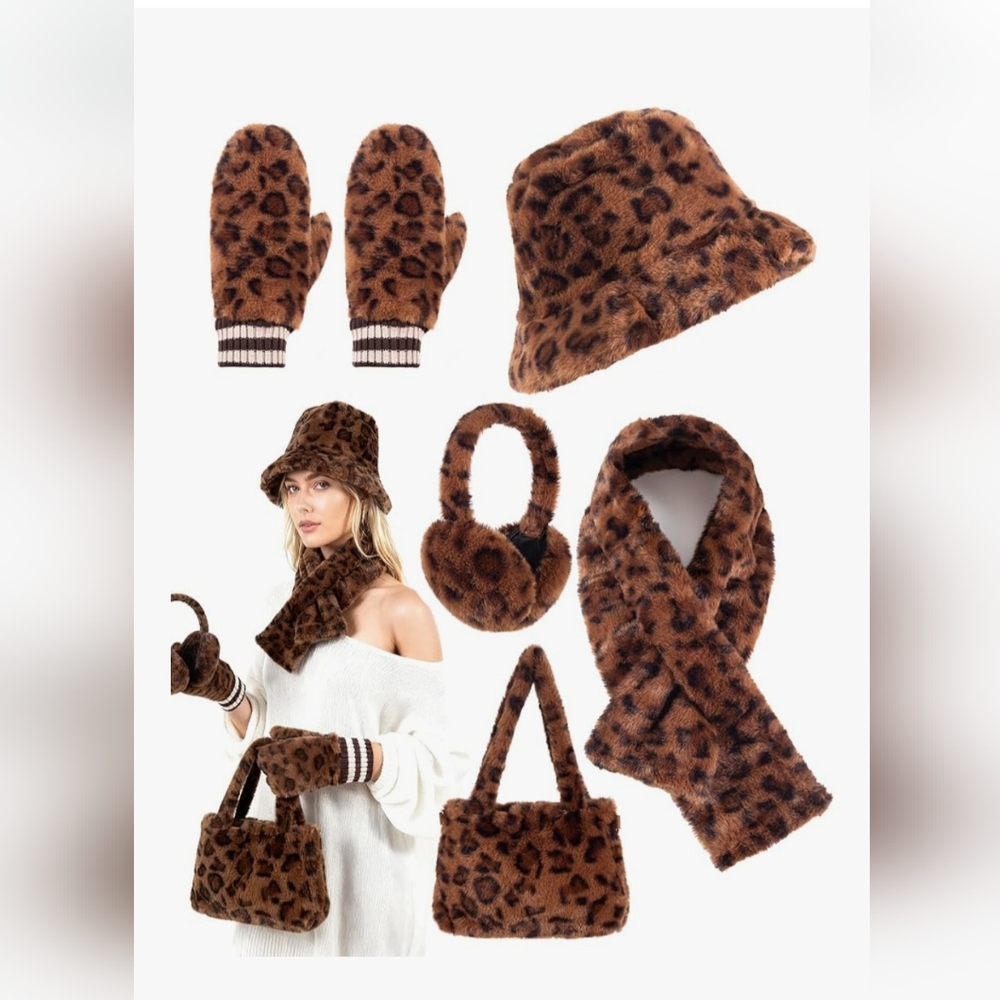Leopard Print Faux Fur‎ Hat & Accessory Set - Brown